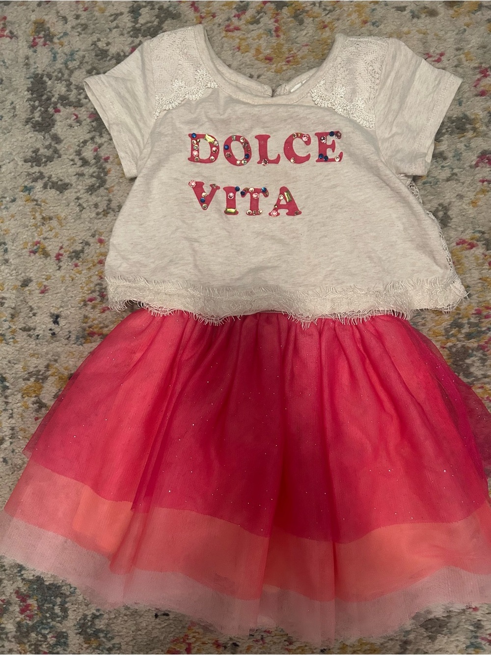 Rare Editions Cream Top with Pink Layered Tulle Skirt
